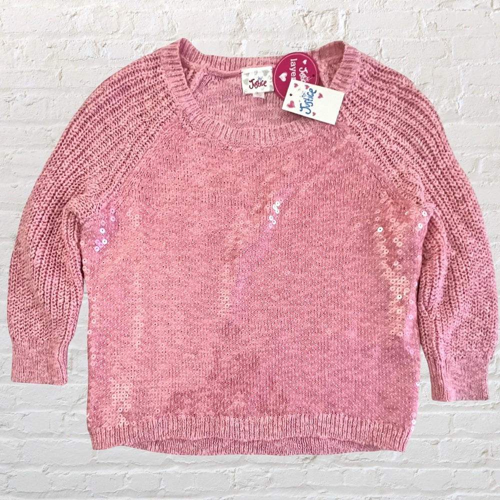 Justice Girls Pink Sequins 3/4 Sleeve Sweater Girls 10 Chunky Knit Layering‎ NWT